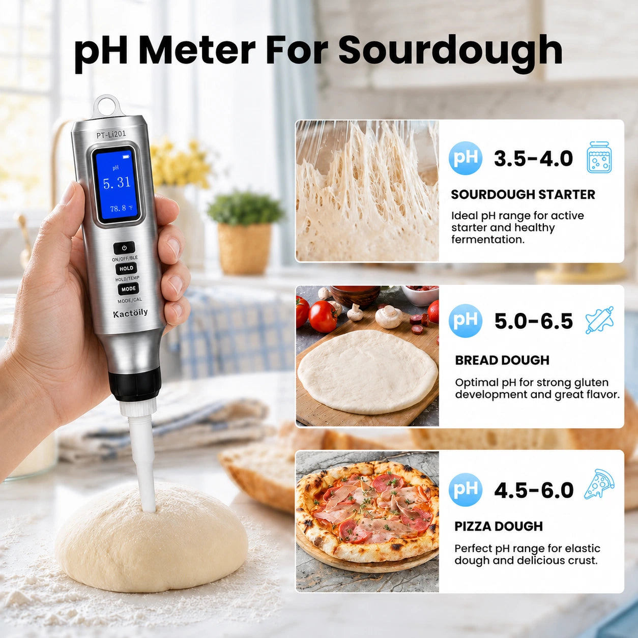 Kactoily 2-in-1 Dough pH & Temperature Tester