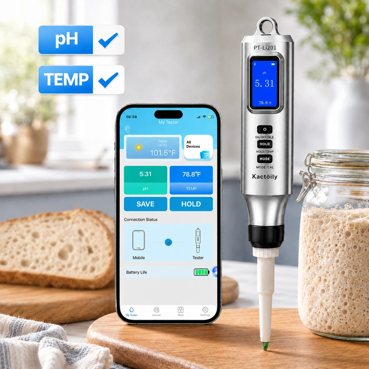 Kactoily 2-in-1 Dough pH & Temperature Tester