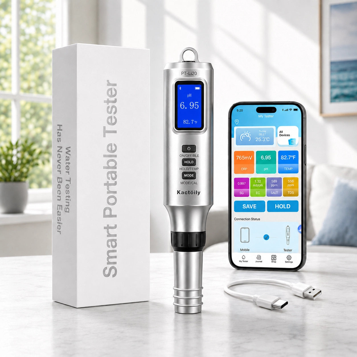 Kactoily Smart 7-in-1 Bluetooth Water Quality Tester | Digital pH, TDS, ORP & Salinity Monitor with App Tracking