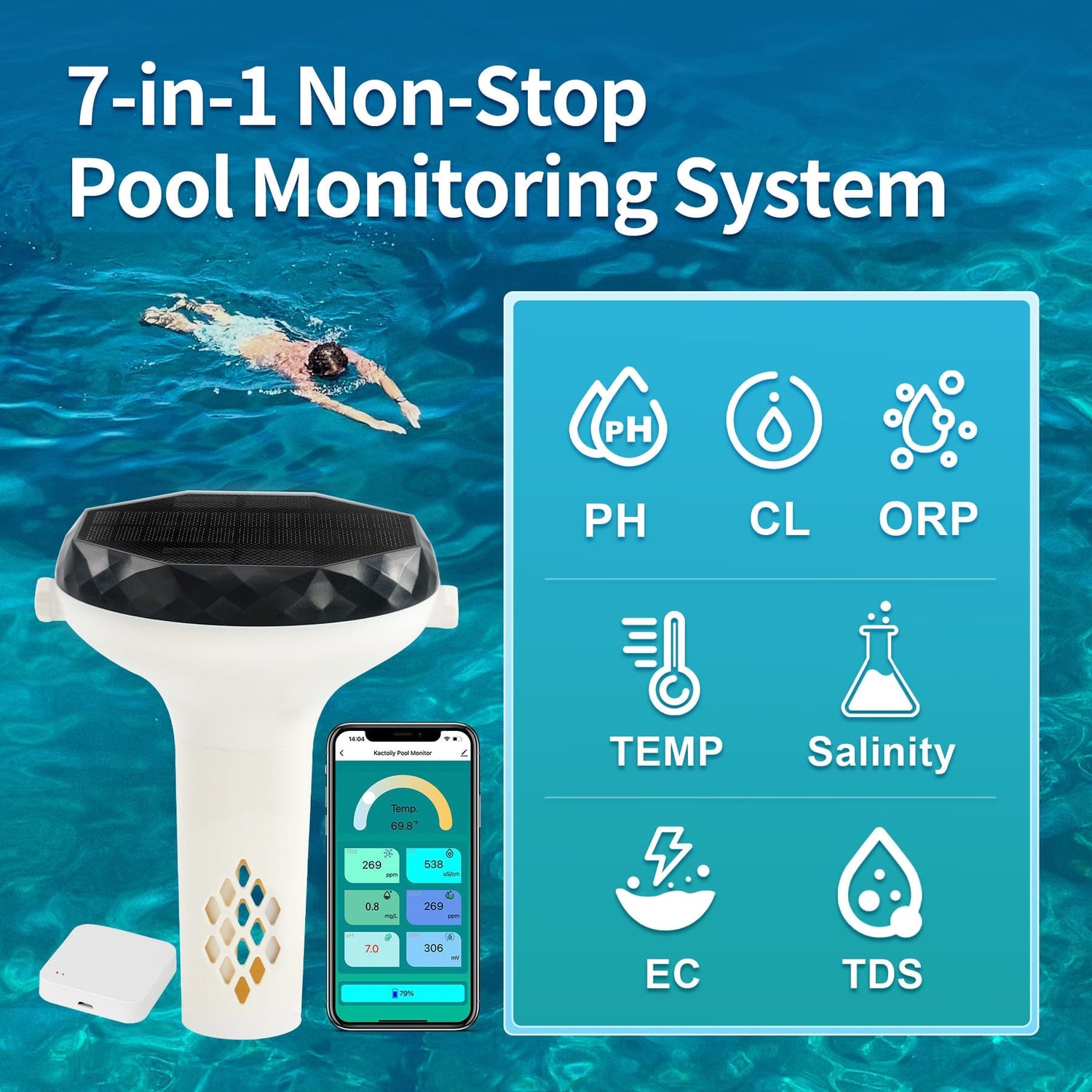 Kactoily 7-in-1 Solar Pool Water Monitor