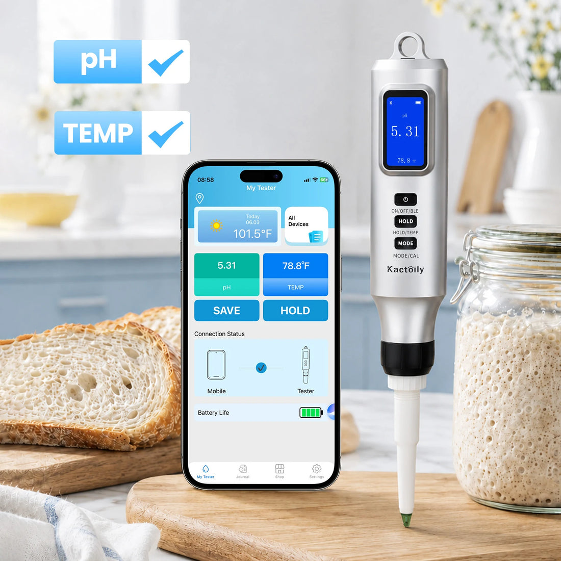 Kactoily 2-in-1 Dough pH &amp; Temperature Tester