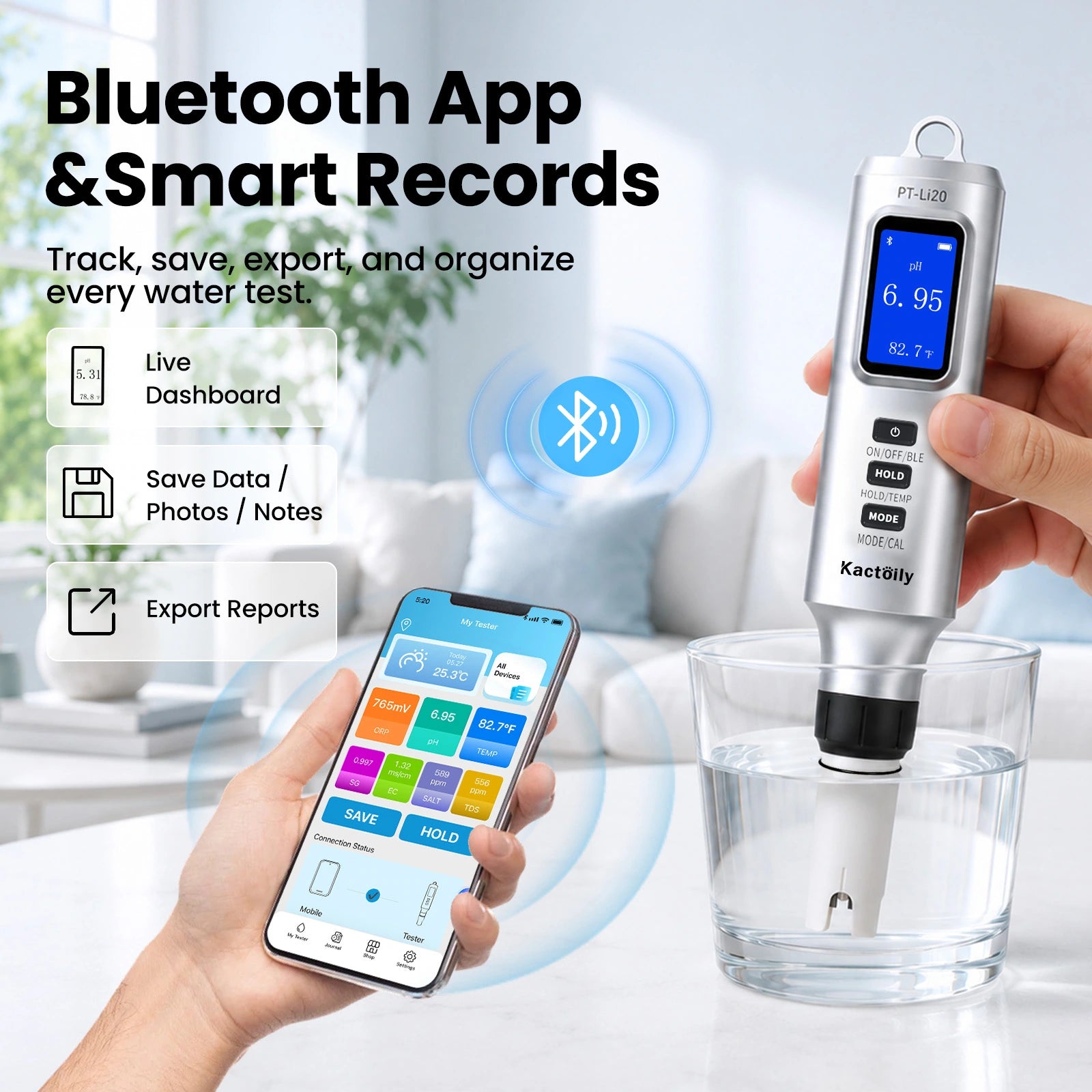 Kactoily Smart 7-in-1 Bluetooth Water Quality Tester | Digital pH, TDS, ORP &amp; Salinity Monitor with App Tracking