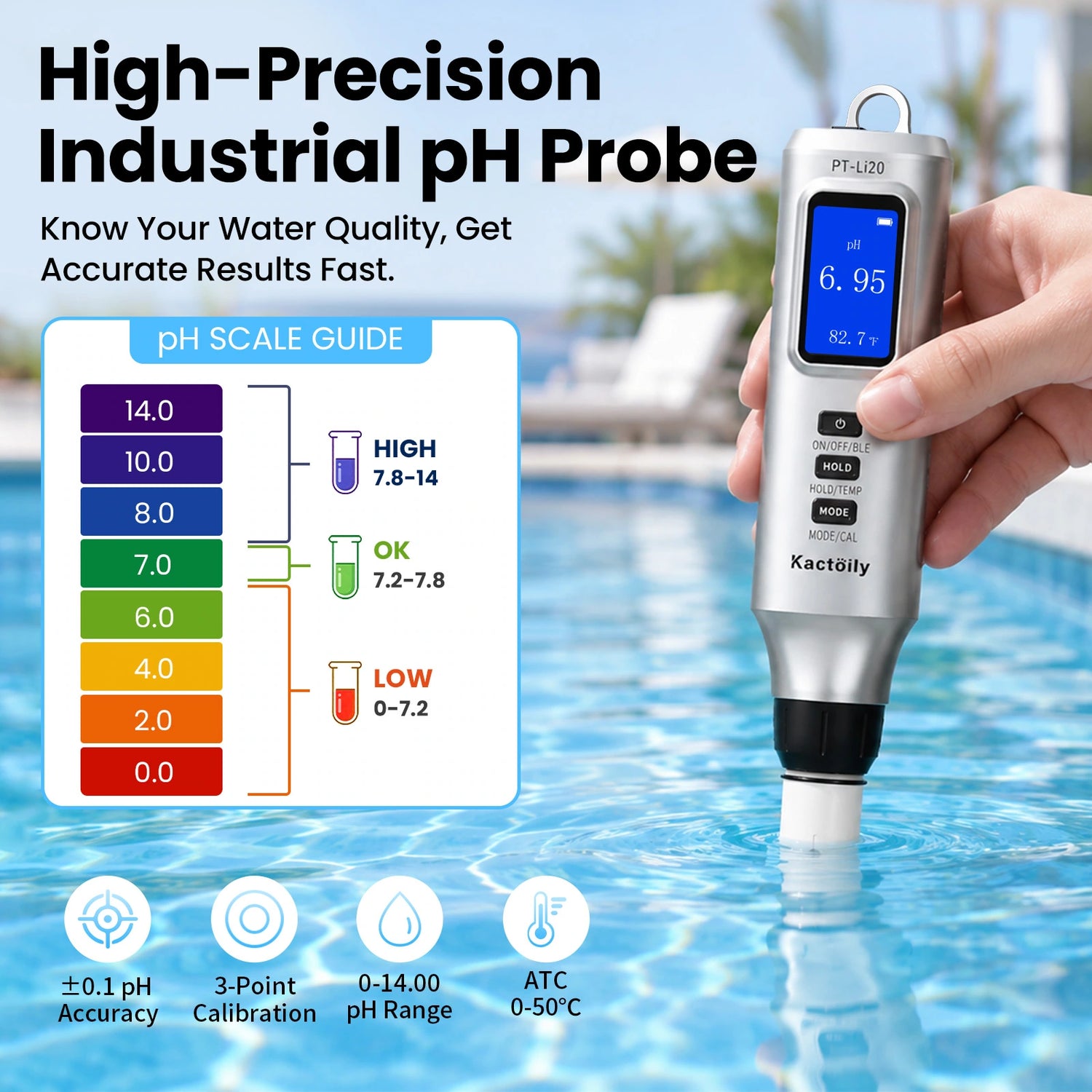 Kactoily Smart 7-in-1 Bluetooth Water Quality Tester | Digital pH, TDS, ORP &amp; Salinity Monitor with App Tracking