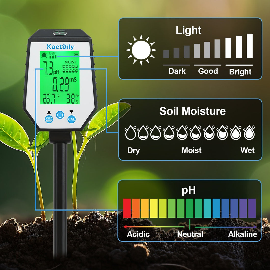 Kactoily 6-in-1 Digital Soil Tester-pH, EC, Moisture, Light, Humidity, Temp