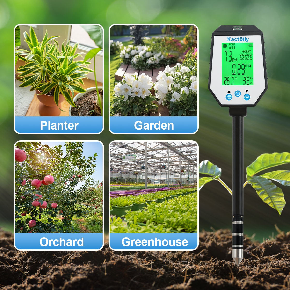 Kactoily 6-in-1 Digital Soil Tester-pH, EC, Moisture, Light, Humidity, Temp