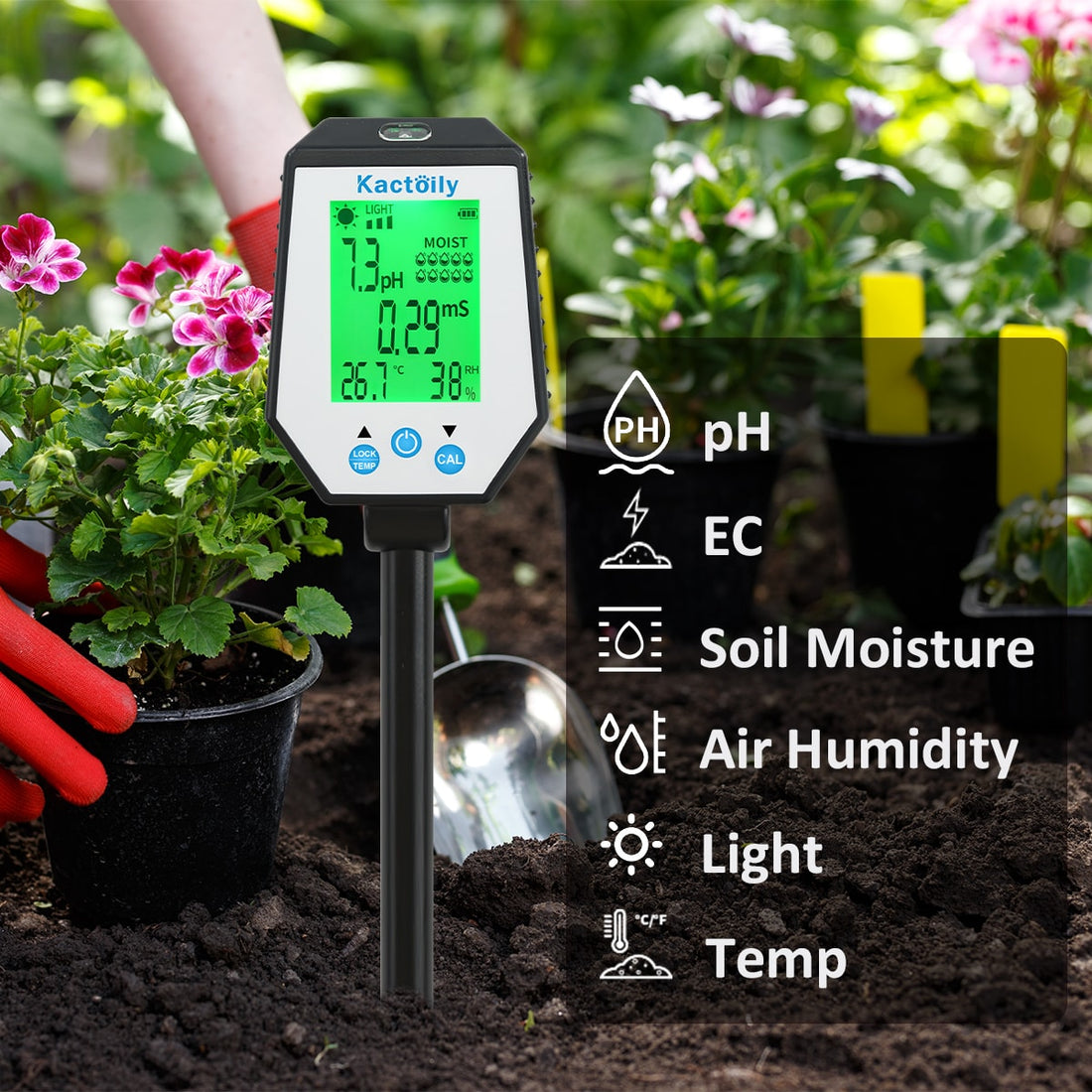 Kactoily 6-in-1 Digital Soil Tester-pH, EC, Moisture, Light, Humidity, Temp