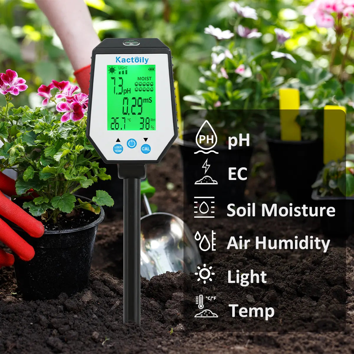 Kactoily Testeur de sol numérique 6-en-1 - pH, EC, humidité