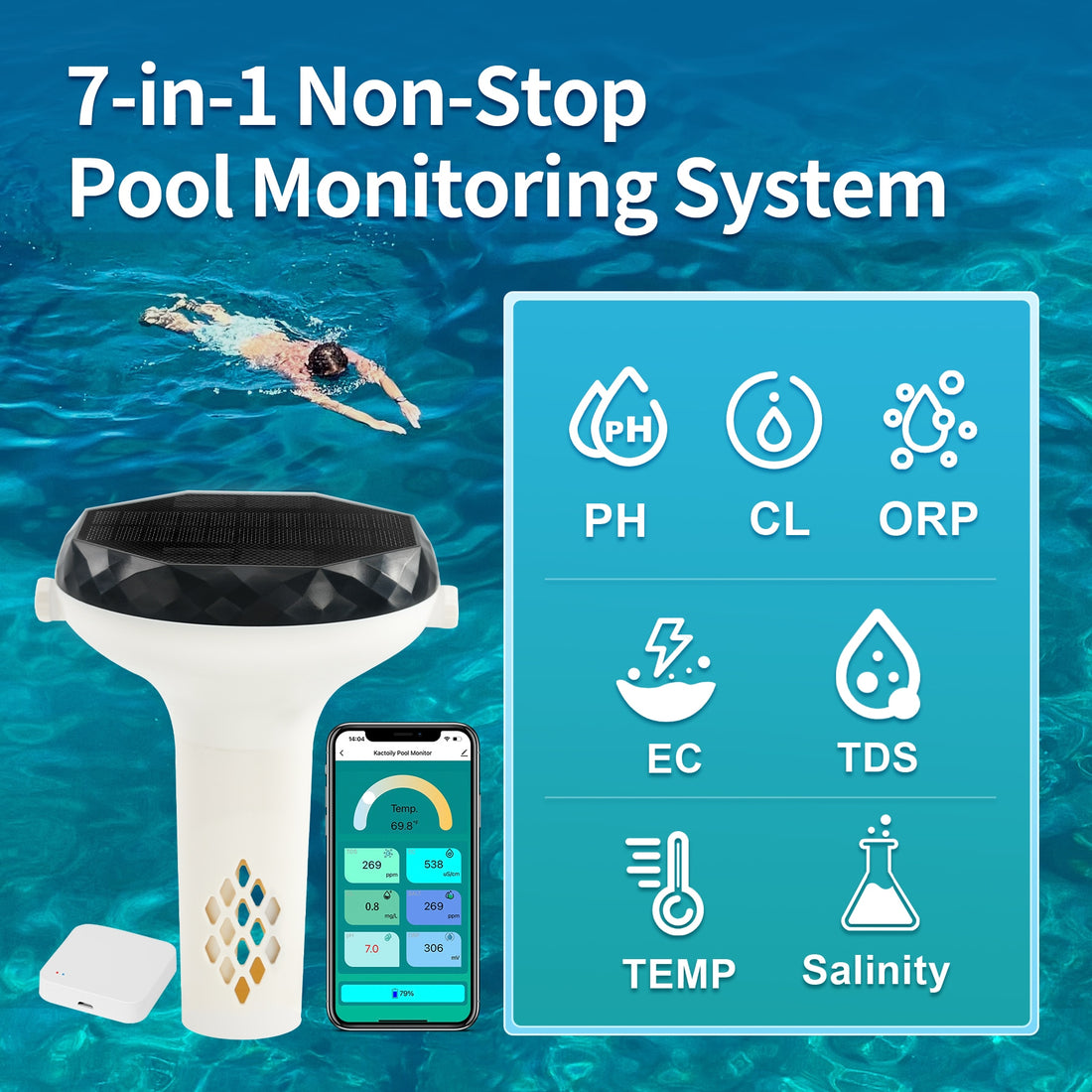Kactoily 7-in-1 Pool Water Monitor(pH, Chlorine, ORP, Temp, EC, Salinity, TDS)